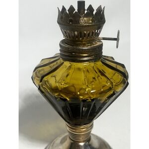 Vintage Miniature Oil Lamp Amber Yellow Pressed Glass Brass Base Victorian Style